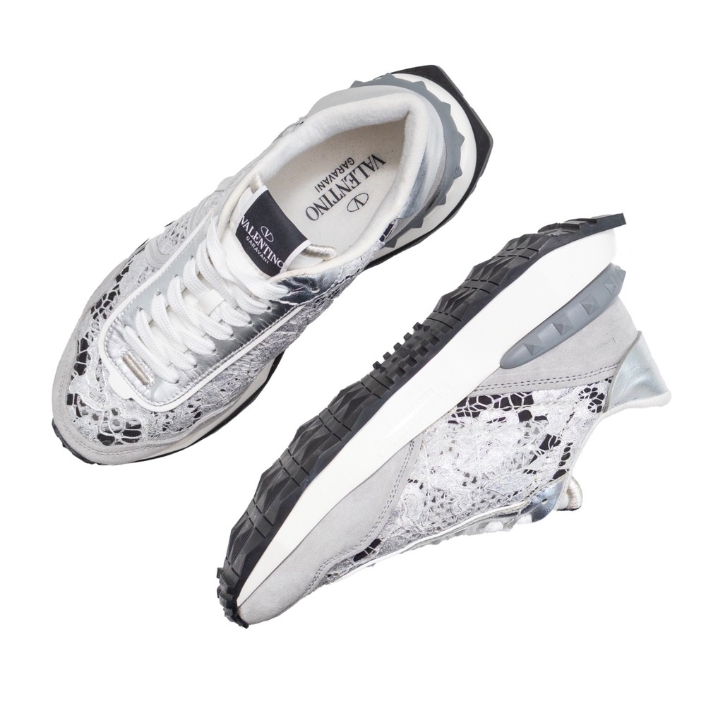 Valentino Garavani Lace Runner Sneakers Silver White V Logo Trainers EU 37 US 7